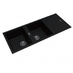 Black Granite Quartz Stone Kitchen Sink Double Bowls Drainboard Top/Undermount 1160*500*200mm 